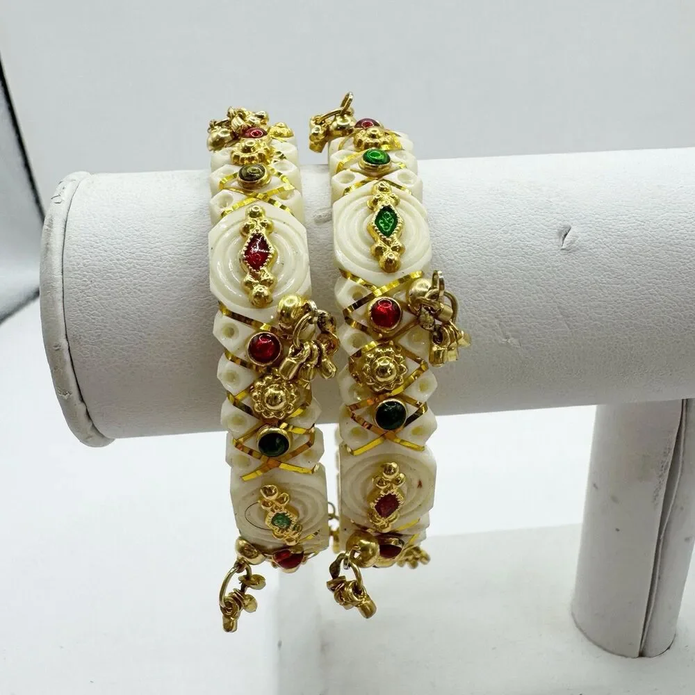 Traditional Indian Bridal Bangle Bracelets White Gold  Colorful Accents Set If 2